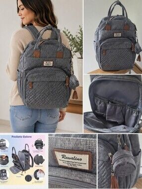 Ruvalino Gray and Brown Quilted Backpack with Leather Accents And Accessory